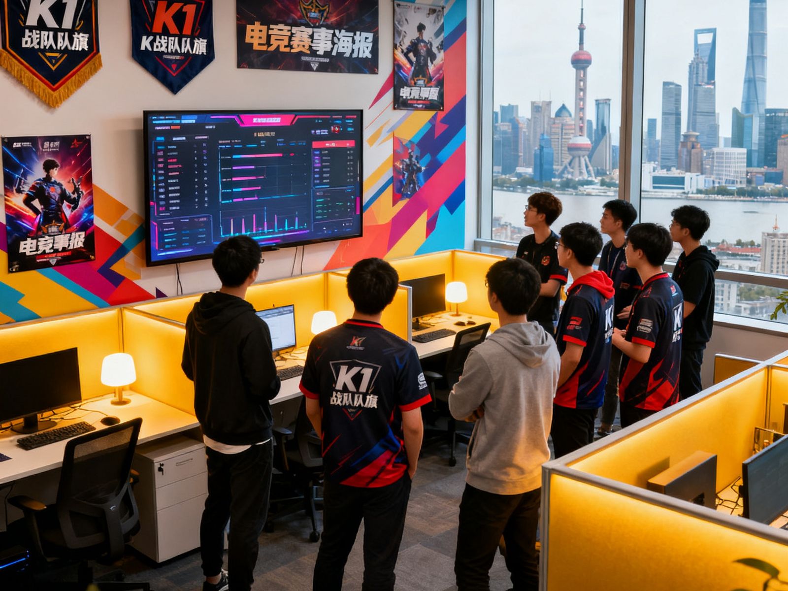 K1电竞办公室内景：开放式工位区墙上挂满战队队旗和赛事海报，十几位团队成员正在大屏幕前热烈讨论赛事方案，窗外是上海城市天际线