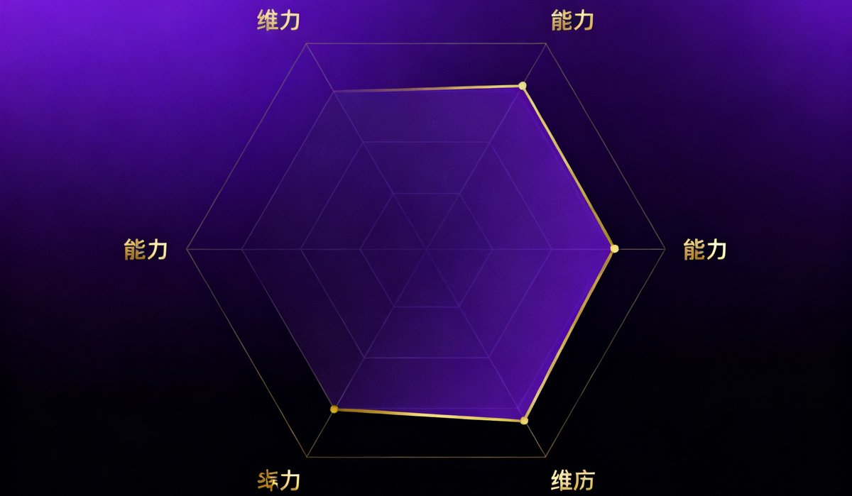 AI训练工具2.0版本截图：全新深色UI设计，雷达图展示六维能力数据，紫色渐变背景衬托金色数据标签