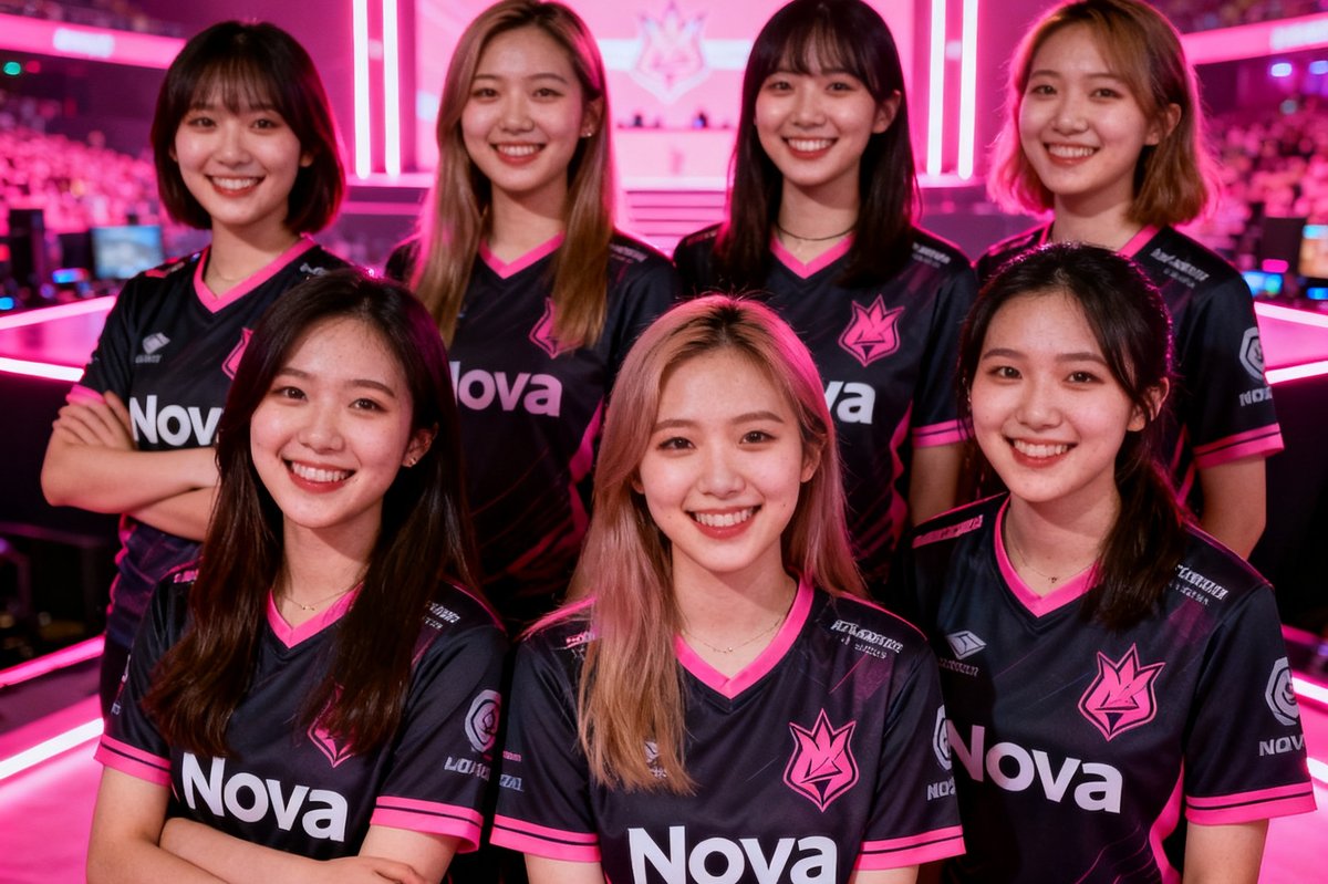 K1·Nova女子战队:六位女性电竞选手在粉色霓虹灯光下合影,展现自信笑容,队服上有Nova标志,背景是电竞场馆舞台
